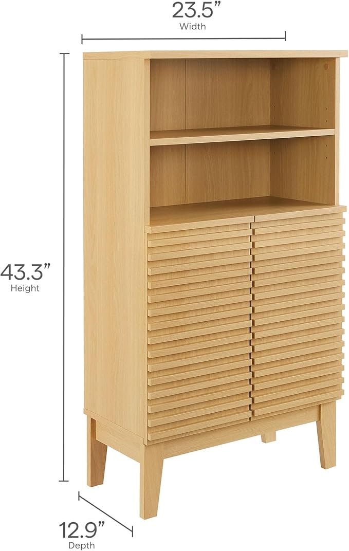 Modway Render Bathroom Cabinet Set in Oak - Freestanding Linen Cabinet and Wall Mounted Storage with Slatted Doors, Adjustable Shelves