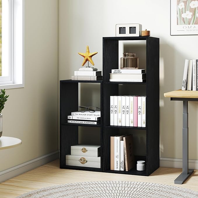 Tangkula 2-Cube Bookcase, 3-Tier Bookshelf with Open Compartments, Freestanding Cube Storage Organizer with Anti-Toppling Kits, Modern Display Shelf for Living Room, Study (2, Black, 2-Cube)