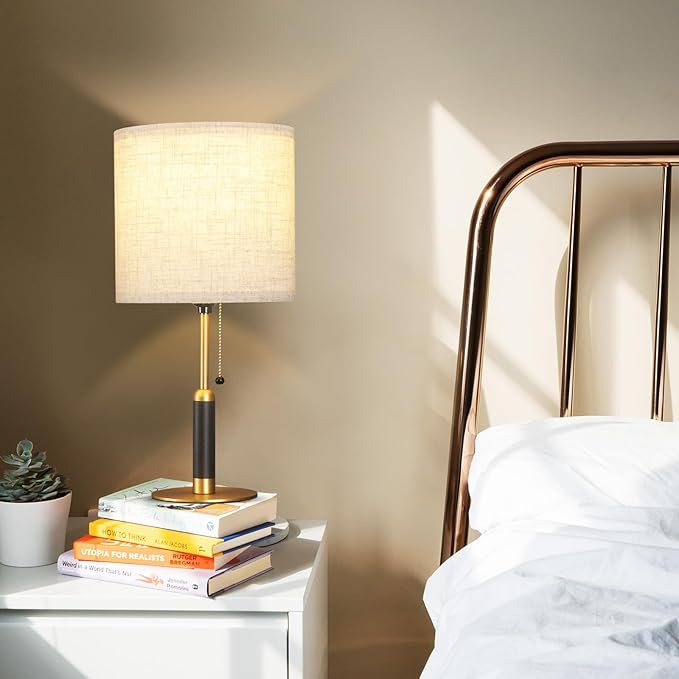 18.9" Set 2 Mid Century Bedside Table Lamp for Nightstand with Pull Chain, Lamp for Bedroom, Living Room, Solid Wood/Metal/Fabric Small Lamps for Home Office Room Decor (Light Brown+Brass)