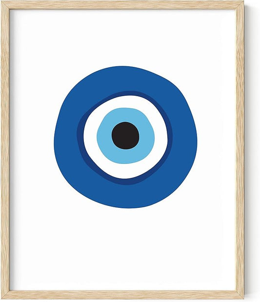 HAUS AND HUES Evil Eye Decor - Navy Blue Wall Art, Evil Eye Wall Decor, Mykonos Artwork, Evil Eyes Print, Big Eyes Painting Print, Evil Eye Poster for Wall Art Aesthetic (Beige Frame, 16x20)