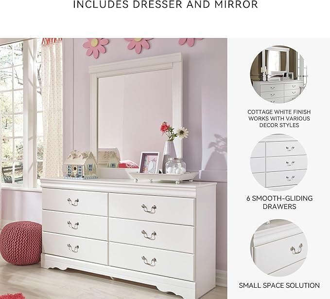Signature Design by Ashley Anarasia Traditional Smooth-Gliding 6-Drawer Dresser and Mirror with Safety Stop, White