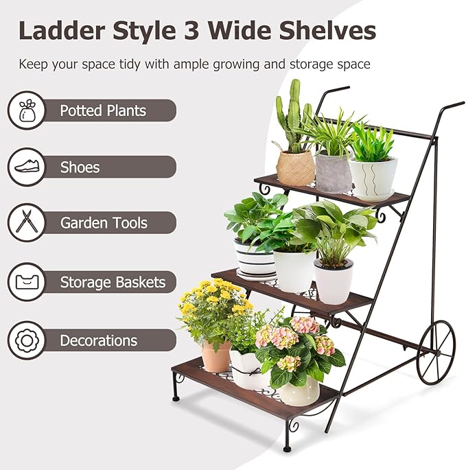 Giantex 3-Tier Metal Flower Cart, Ladder Shaped Plant Stand w/ Wheels & Handle, Exquisite Pattern, Rolling Garden Cart for Indoor & Outdoor, Folding Plant Holder for Balcony Garden Porch