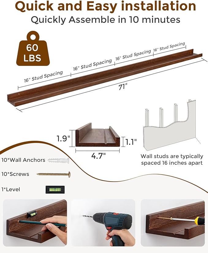 Axeman Oak Picture Ledge Shelf, 72 Inch Floating Shelves Set of 2, Solid Oak Wood Wall Shelves with Lip, Wall Decor Storage for Bedroom Living Room Bathroom Kitchen Nursery Photo Picture, Walnut