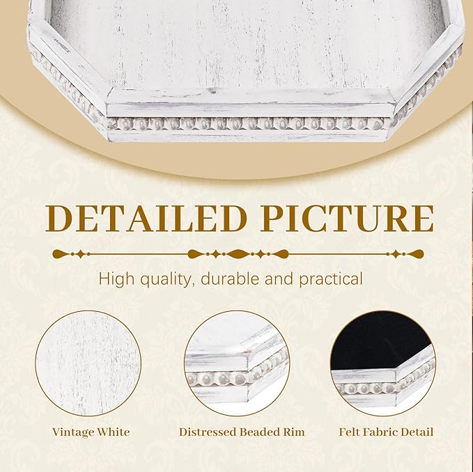 MAONAME Wood Serving Tray, Farmhouse Wooden Tray for Coffee Table, Octagonal Beaded Trays, Vintage White Decorative Trays for Living Room, Kitchen, 15.7" X 10.2" X 1.6"