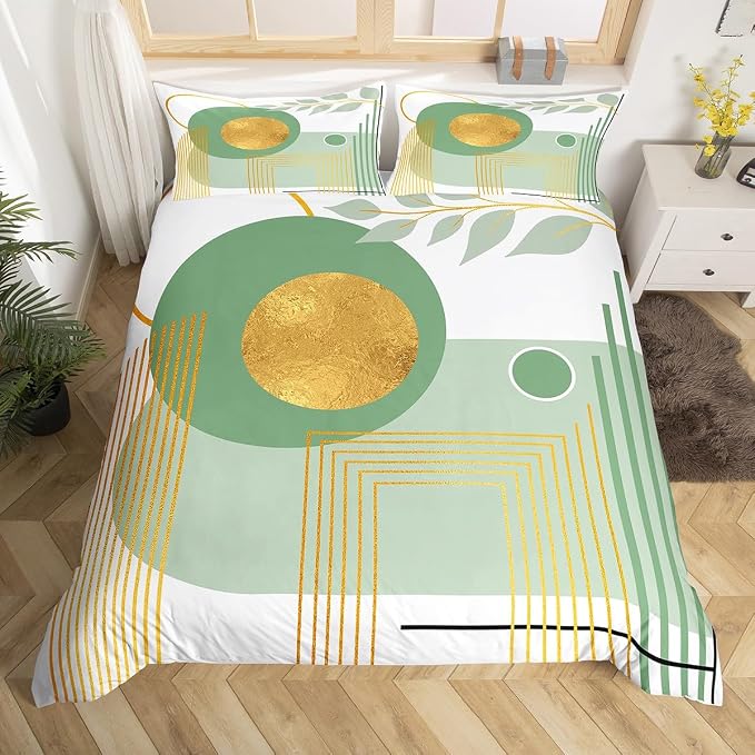 Erosebridal Green Abstract Boho Twin Comforter Cover Mid Century Modern Duvet Cover Minimalist Aesthetic Neutral Bed Set Botanical Leaves Simple Bedding Set