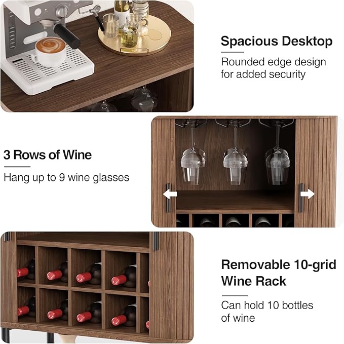 FiveWillowise Coffee Bar Cabinet with Storage, Fluted Wine Cabinet with Sliding Doors, Glass Holder and Wine Rack, Buffet Sideboard Liquor Cabinet for Kitchen, Dining Room, Living Room, Walnut