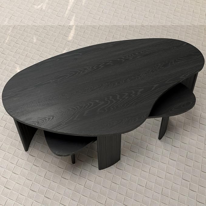 Black Nesting Coffee Table Set of 2 – Cloud/Mango Shaped Wood Grain Veneer Top with Fluted Solid Wood Legs, Space-Saving End Tables for Living Room