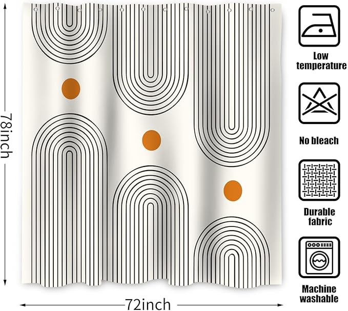 Boho Mid Century Shower Curtain, Modern Abstract Arch Sun Ivory Machine Washable Waterproof Fabric for Bathroom Decor Bathtub with 12 Hooks 72Wx78H