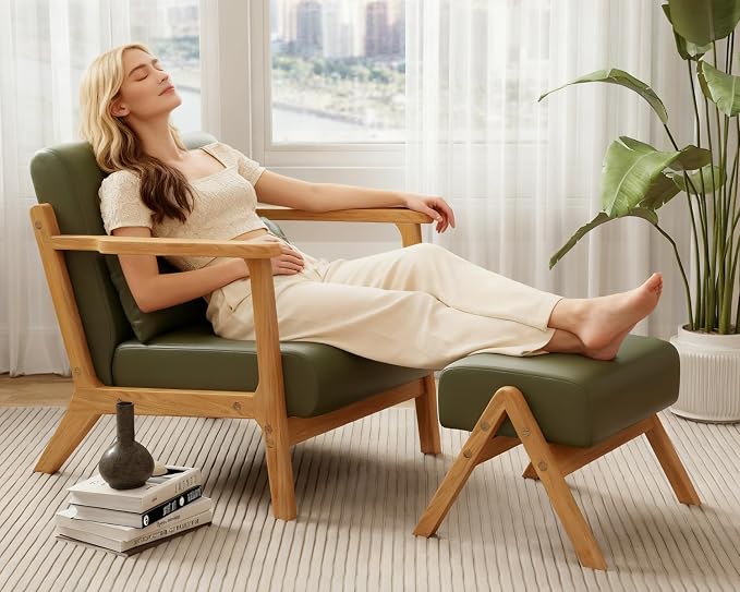 Accent Chair and Ottoman Set, Mid-Century Modern Faux Leather Upholstered Lounge Armchair with Pillow, Solid Wood Frame & Comfortable Cushion for Living Room, Bedroom, Balcony, Green