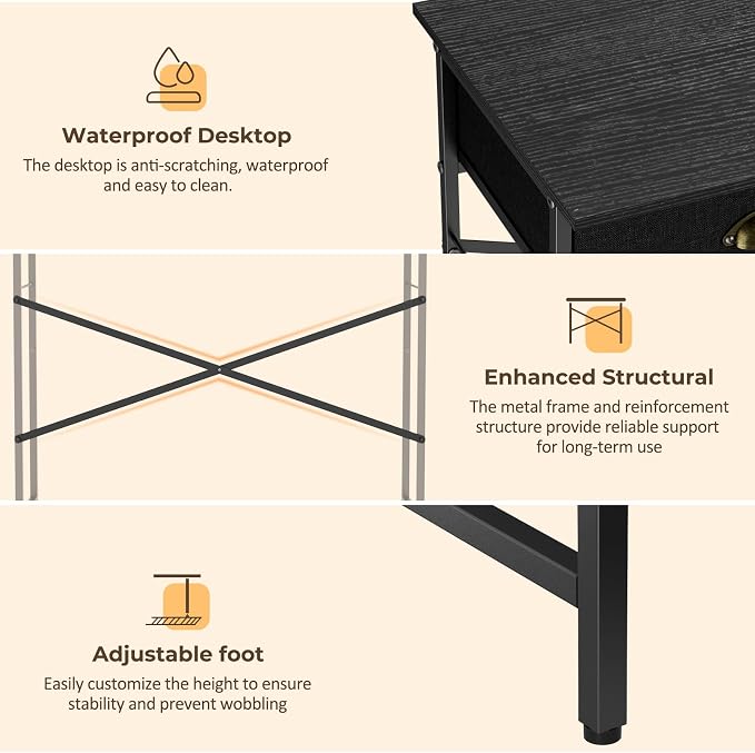 DAOUTIME Black Writing Desk for Kids Bedroom, 31.5 Inch Small Computer Desk for Small Spaces, Simple Desk with 2 Fabric Drawers for Home Office, Dorm, Living Room, Home Study Table, Black