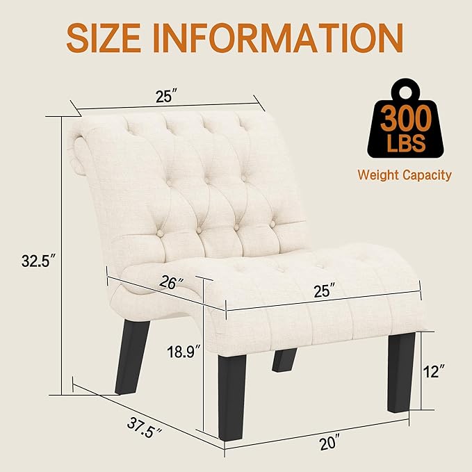 Accent Chairs Set of 2 Mid Century Modern Tufted Upholstered Chair for Living Room Bedroom Curved Armless Side Chairs with Wood Legs Linen Fabric