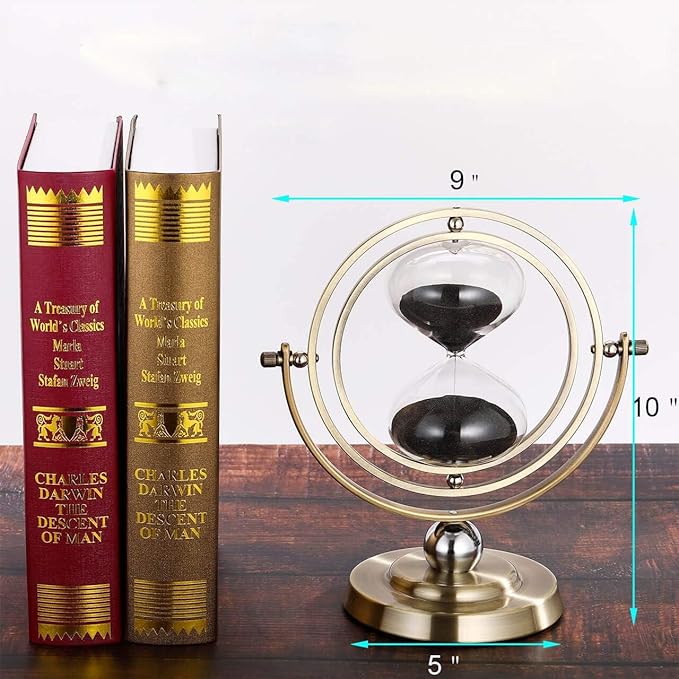 Brass 60 Minute Hourglass, 720° Rotating Vintage Metal Sand Timer, Large Black Sand Watch 60 Min, Unique 1 Hour Glass SandClock for Gifts, Wedding, Home, Desk, Decoration （Black