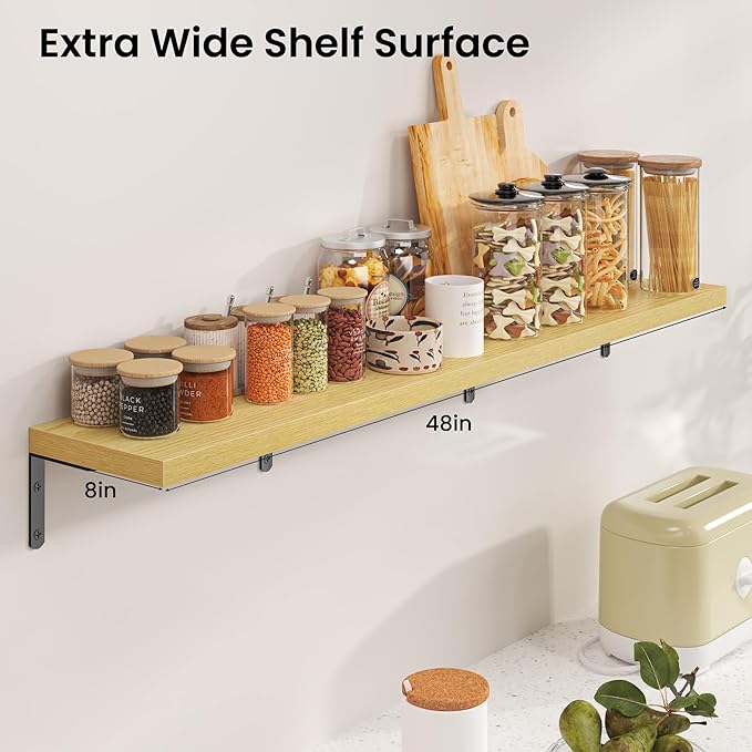 Marsmiles Extra Wide Floating Shelves for Wall, 48x8 Inch Natural Wood Grain Bookshelves, Heavy Duty Mounted Shelving for Bathroom, Kitchen, Living Room, Bedroom,Set of 2，Oak