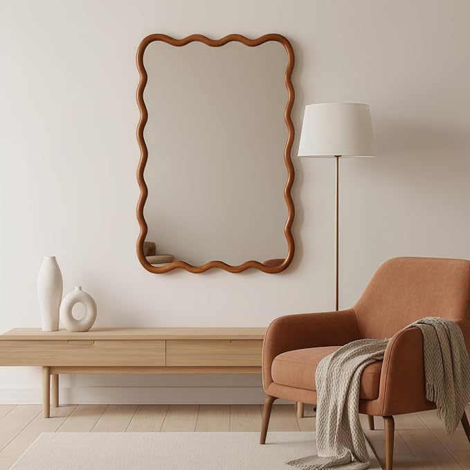 36x24 Inch Wooden Wavy Rectangle Wall Mirror, Modern Solid Wood Frame Decorative Accent Mirror for Bedroom, Bathroom, Living Room, Entryway, Yellowish Brown