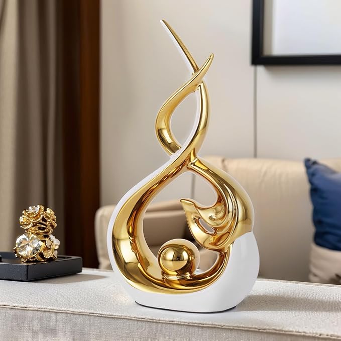 Home Decor Modern Abstract Art Ceramic Statue - 2 PCS White and Gold Sculptures, Mid Century Modern Decor, Elegant Table Centerpieces for Dining Room, Living Room, Office, Entryway, Bookshelf, Mantel