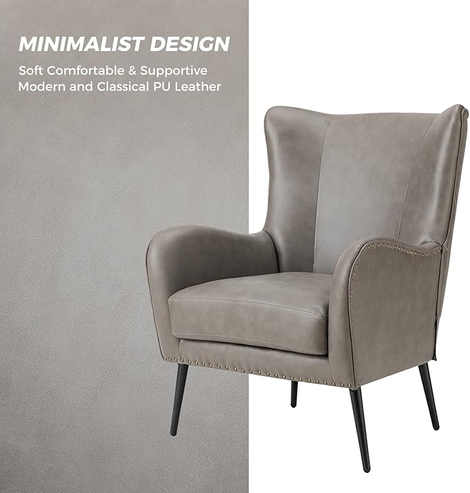 HULALA HOME Faux Leather Accent Chair with Removable Cushion, Comfy Upholstered Armchair with Black Metal Legs & Nailhead Trim Wingback Vanity Chair for Reading Living Room Bedroom, Grey