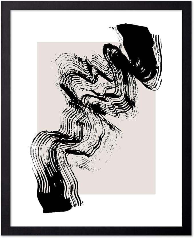 Poster Master Brush Waves Poster - Black Brush Wave Stroke Print - Abstract Design - Drawing Artwork - Mid Century Modern Art - Minimal Design - Living Room or Bedroom Wall Decor - 8x10 Black Framed
