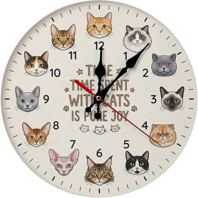 Cute Cat Faces Wooden Wall Clock Silent Non Ticking | Pet Lover Home Decor for Kitchen Bedroom Office Gift, Battery Operated 10/12 inch Frameless Round