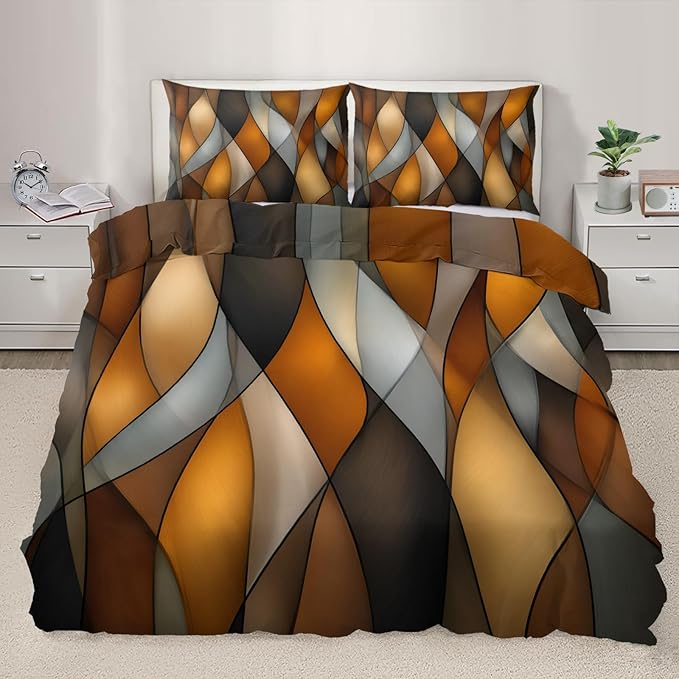 Orange Black Geometric Stripes Duvet Cover Oversized King, Mid Century Modern Geometrics Lines Bedding Set 3 Piece, Ombre Abstract Striped Patterned Comforter Cover with Zipper, 2 Pillowcases