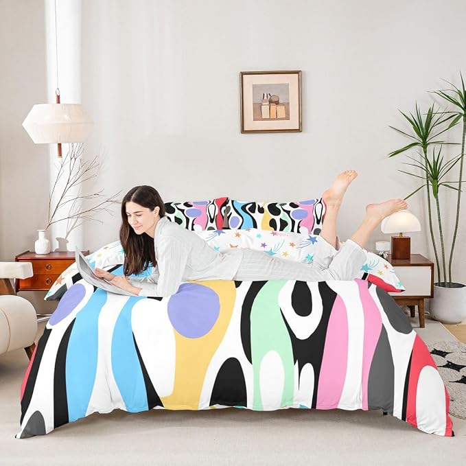 Erosebridal Organic Abstract Duvet Cover Set Modern Contemporary Queen Bedding Set for Child Boys Boho Mid Century Wavy Lines Comforter Cover Retro Geometric Bed Sets,Rainbow Purple