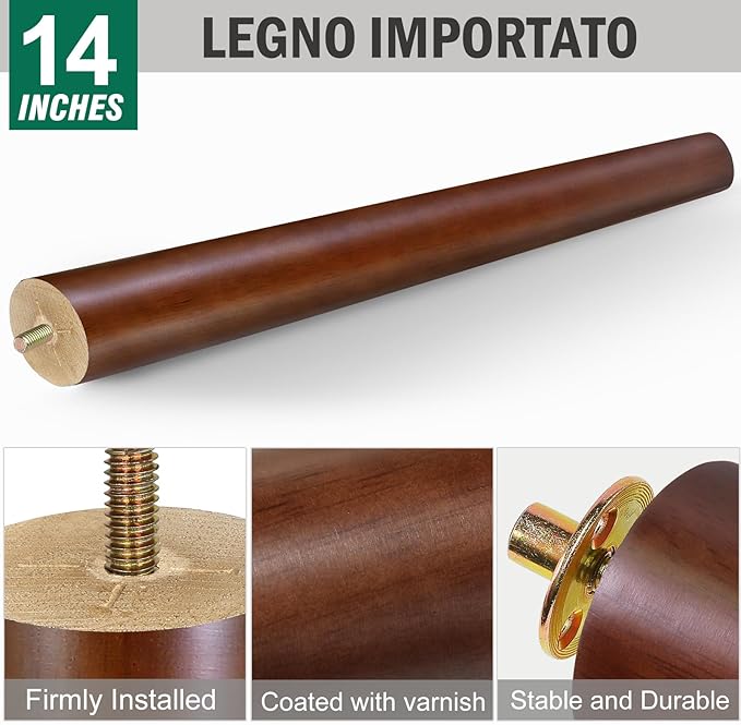 FoDau770 Brown Rubber Wood Furniture Legs 14 Inches, Slant Tapered Wood Feet Mid Century Sofa Legs Set of 4, 5/16" UNC Furniture Feet Replacement Parts for Cabinet Couch Dresser Chair Ottoman Table