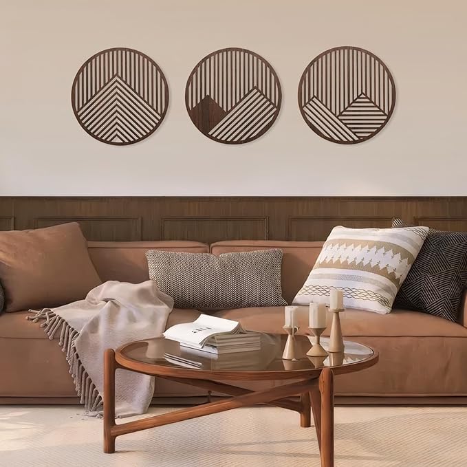 pechpell 3 Piece Round Wood Mountains Wall Art, 11.8" Circle Wooden Geometric Wall Decor, Rustic Nature Mountain Line Artwork for Living Room Bedroom Office Farmhouse Home Decorations