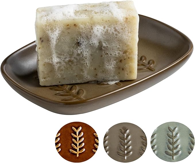 Soap Dish Soap Holder Shower, Ceramic Soap Dishes for Bar Soap Sponge, Farmhouse Shower Soap Dish, Large Soap Saver Tray for Bathroom Kitchen Sink, Easy Cleaning, Extend Soap Life, Brown