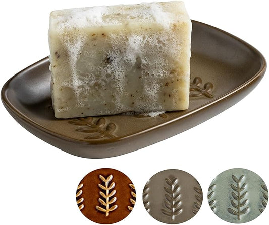 Soap Dish Soap Holder Shower, Ceramic Soap Dishes for Bar Soap Sponge, Farmhouse Shower Soap Dish, Large Soap Saver Tray for Bathroom Kitchen Sink, Easy Cleaning, Extend Soap Life, Brown