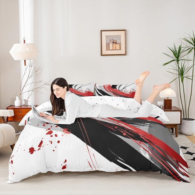 Erosebridal Black and Red Bedding Set Queen | Modern Geometric Striped Duvet Cover for Boys Girls Contemporary Watercolor Graffiti Bed Set Boho Minimalist Aesthetic Art Bed Cover 3 Pieces