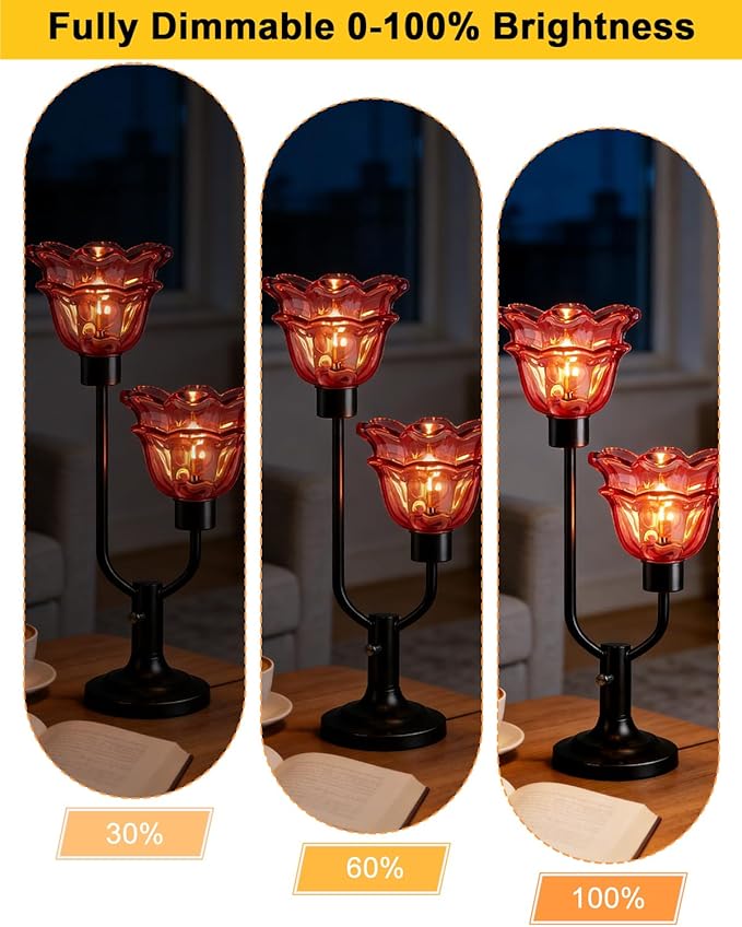 Lightdot Mid Century Modern Flower Table Lamp Dimmable Nightstand Lamp Red Glass Vintage Black Desk Lamp 2 Bulbs Included Warmwhite Ambient Bedside Lamps for Living Room Bedroom Home Office Decor Gift