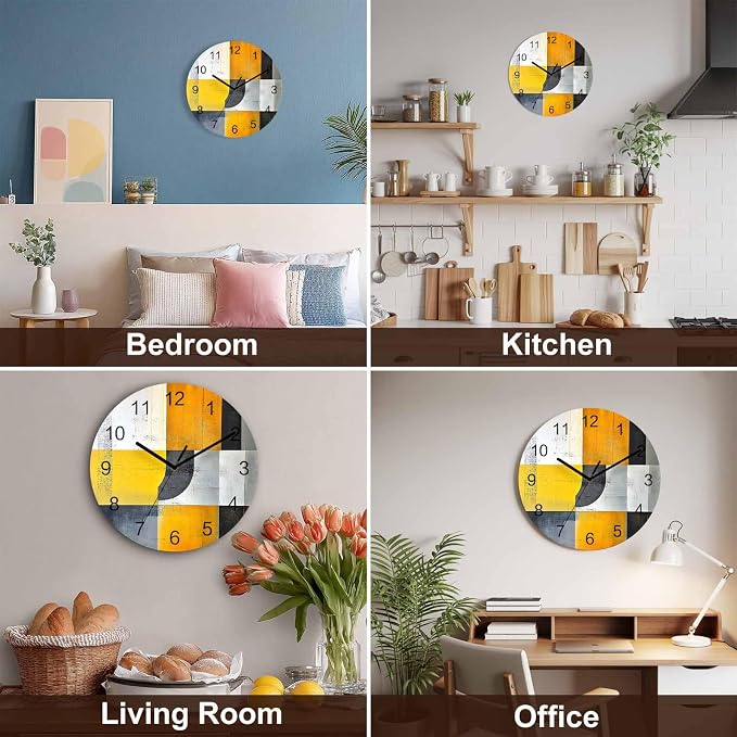 Abstract Style Wall Clock Battery Operated Non-Ticking 12" Round Wood Clocks, Gary Yellow Color Block Oil Painting Kitchen Wall Clock for School Bathroom Living Room Home Office Wall Decor
