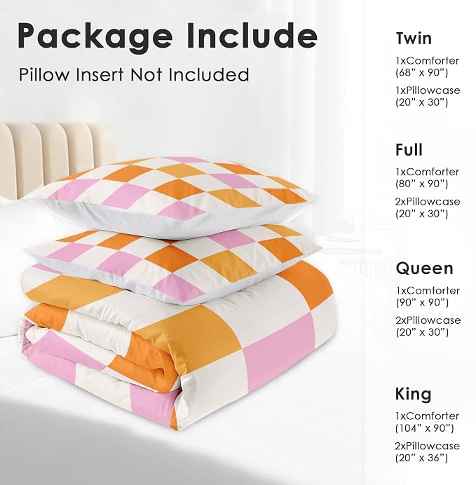 Comforter Set with 2 Pillowcases King Size, Pink Orange Plaid Buffalo Checkered, Bed Decor Hippie Retro 70s Geometric Checkerboard Grid for Kids and Adults, Soft Cozy Bedroom Bedding Set