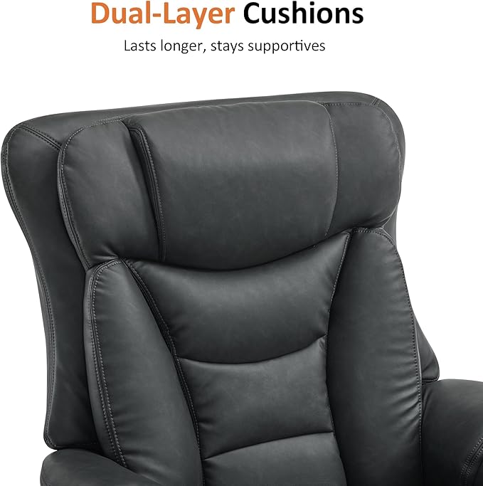 MCombo Oversized Swivel Recliner Chair with Ottoman, Adjustable Backrest, 360° Wood Base, High Seat, Faux Leather Lounge Chair for Tall Users in Living Room, Bedroom, or Office 4651 (Dark Grey)