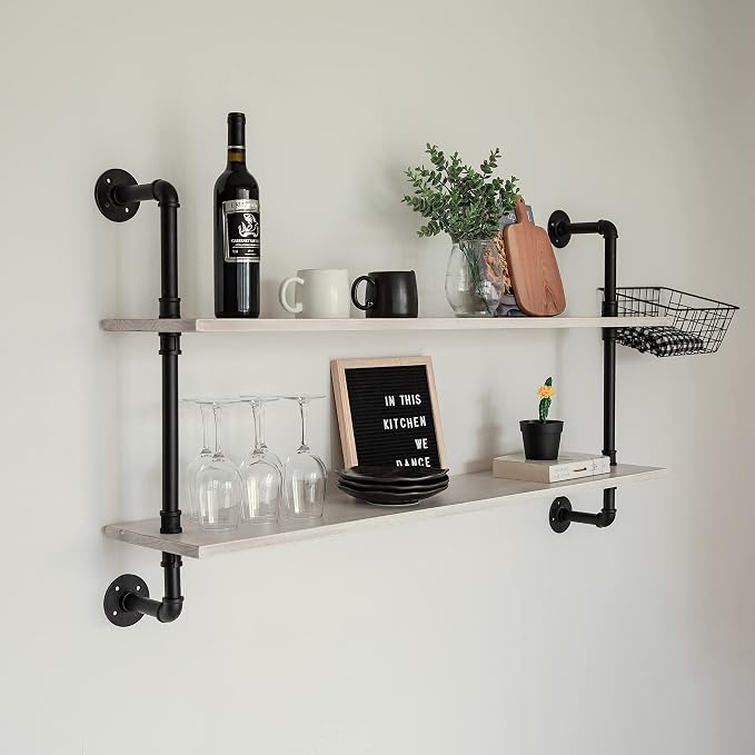 HDDFER Floating Shelves for Wall Bookshelf Industrial Pipe Shelving Shelves Natural Wood Planks 48 inch Rustic Wall Shelves Hanging Bookshelves Farmhouse Kitchen Shelving