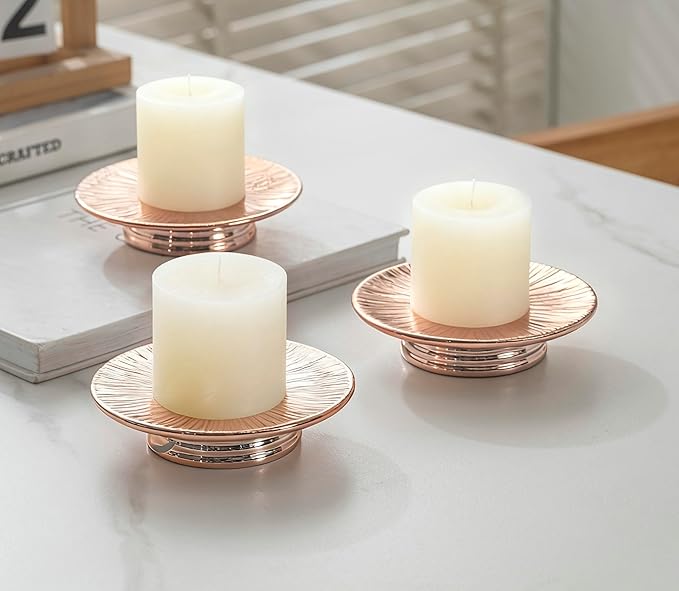 ADAVAS.Y&G Ceramic Rose Gold Candle Plate Set, 3-Piece – Decorative Candle Holder Tray for Pillar Candles, Jewelry, Trinkets or Bathroom Counter – Elegant Rose Gold Finish for Tabletop & Home Décor