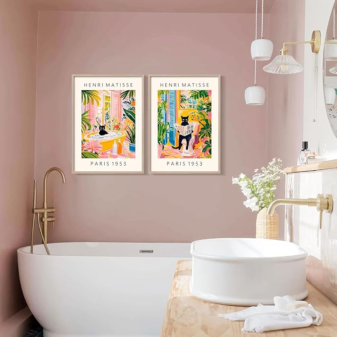 2Pcs Wood Framed Matisse Black Cat Wall Art Decor Painting Modern Art Canvas Print Vintage Color Poster Bathroom Bedroom Living Room Wall Decor Gallery Style Home Artwork 16X24Inch