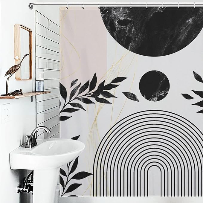 Boho Mid Century Leaf Shower Curtain,Arch Sun Design,Minimalistic Leaves Pattern Luxurious Washable Waterproof Fabric for Bathroom Decor Bathtub with 12 Hooks 72x72in (183x183cm)