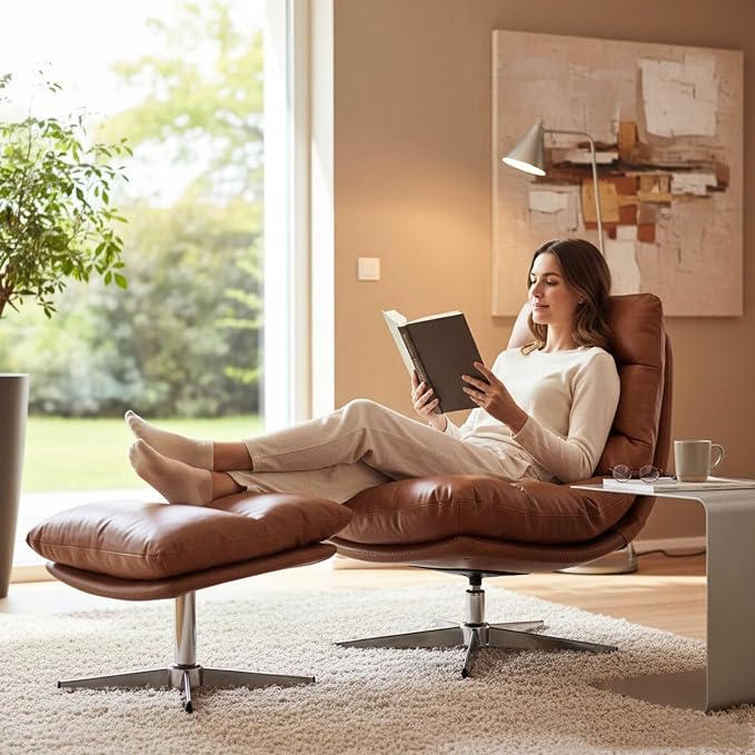 Modern Swivel Accent Chairs with Ottoman Set of 2, PU Leather Oversized Armless Reading Chairs with Footrest, 33'' Wide Upholstered Lounge Chairs with Footstool for Living Room Bedroom Comfy, Brown