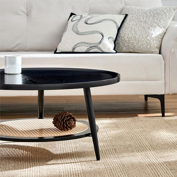 Saint Mossi Wood and Rattan Coffee Table for Living Room, Mid Century Modern Round Coffee Table, 2-Tier Boho Center Table for Small Space, Black Wood and Rattan Top, W31xH15