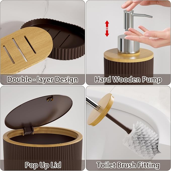 Brown and Wooden Bathroom Accessories Set, 25PC Bathroom Accessory Sets, Bathroom Sets with Push Top Trash Can, Shower Curtain and Rugs, Toilet Brush, Trash Can & Soap Dispenser