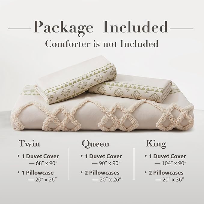 Oli Anderson Boho Duvet Cover Set Queen Size, Beige and Sage Green Color Clash 3 Pieces Microfiber Bedding Set, Durable and Super Soft Duvet Covers with Zipper and Ties, 90"*90"