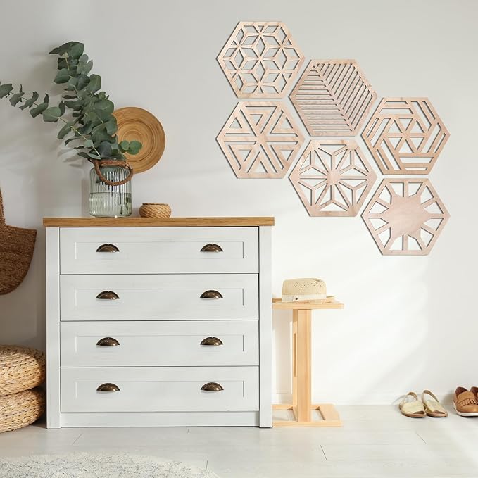 Ripeng 6 Pcs Honey Comb Decorations 11.8 Inch Hexagon Wall Decor Farmhouse Wood Earthy Hexagon Wall Panels Modern Hollow Carved Design Rustic Abstract Decor for Living Room Kitchen(6 Style)