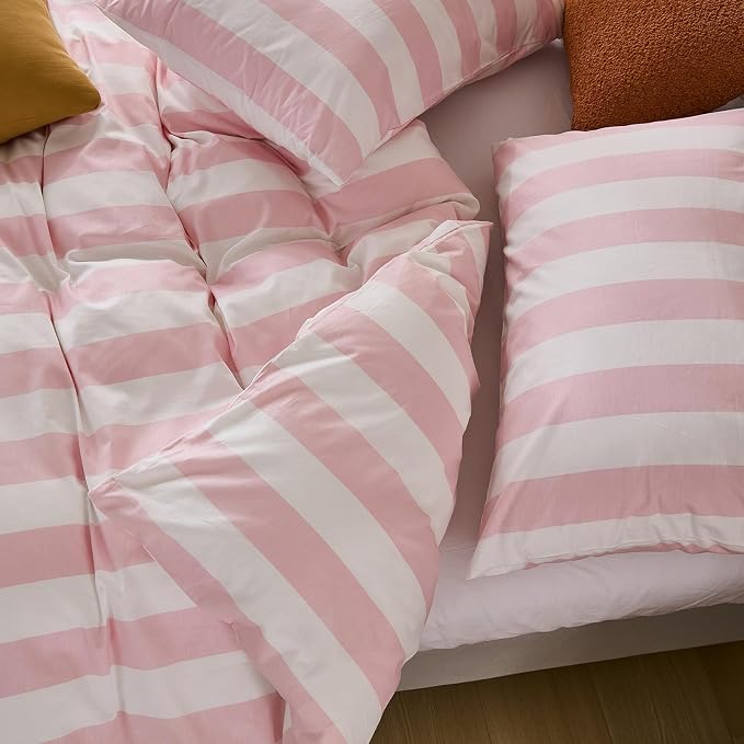 Merryword Pink and White Striped Duvet Cover Set King Size, 100% Cotton Bedding Set with Zipper Closure & 8 Corner Ties, Luxury Linen Like Bedding, Soft Breathable Comforter Cover for All Seasons