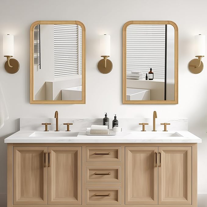 HOMECOOKIN 20" x 30" Wood Framed Mirror Bathroom Mirrors for Wall, Natural Arched Wood Bathroom Vanity Mirror for Entryway, Living Room or Bedroom Home Decor