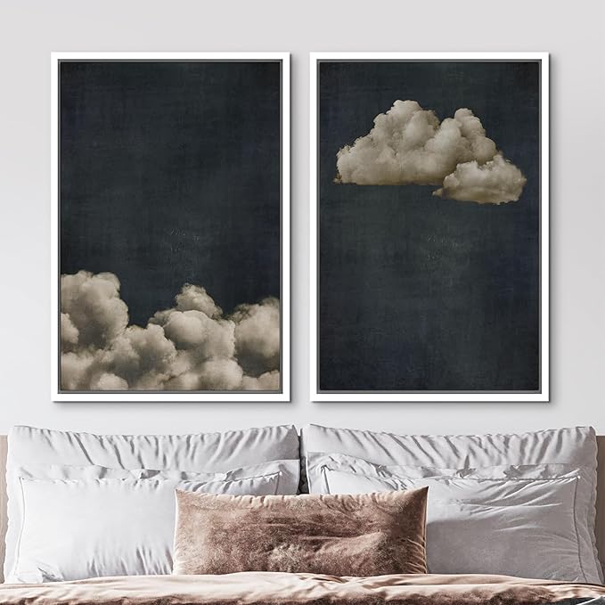 MUDECOR Framed Canvas Print Wall Art Vintage Cloudscape Dark Moody Sky with Floating Clouds Illustrations Modern Art Decorative Chic for Living Room, Bedroom, Office - 16"x24"x2 White