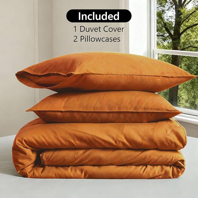 FALUCA French Linen Blend Duvet Cover Set 3Pcs King (104"x92") - Soft, Breathable, Cooling Farmhouse Bedding for Hot Sleeper (King, Burnt Orange/Rust)