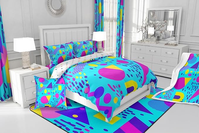 80s Bedding Set Memphis Pattern Old Fashion Comforter Cover,Vintage 90s Memphis Style Duvet Cover Abstract Geometric Pattern Retro Bed Set Full,Rainbow Urban Modern Circles Triangle Room Decor