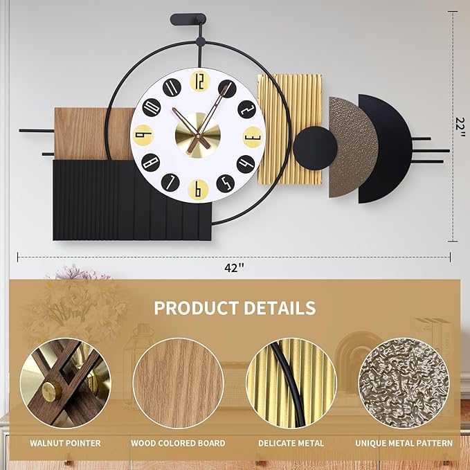 Luxury Modern Wall Clocks-Large Geometric Dial Wall Clock Battery Operated,Wood Metal Frame Big Clock Silent Non Ticking for Living Room, Bedroom,Kitchen,Office -42X21.6 Inch
