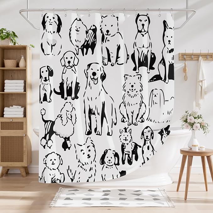AmazerBath Shower Curtain, Washable Cloth Cute Dogs Kids White and Black Shower Curtain Set with 12 Shower Curtain Hooks, Kawaii Pet Puppy Waterproof Shower Curtains for Bathroom Decor, 72x72 Inches