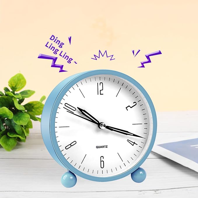 pxy Cute and Safe Alarm Clock for Kids Battery Powered (Battery Include), 4" Analog Super Silent Analog Alarm Clock with Night Light510 Blue&White